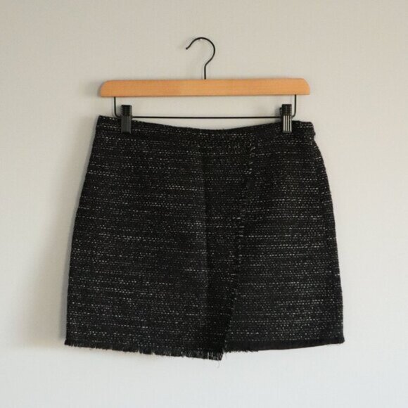 Mango Size 6 Black Speckled Lined Open Front Made in Morocco Mini Fringe Skirt - Picture 1 of 10